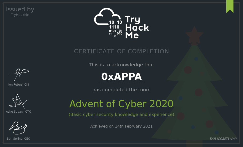 Advent of Cyber Certificate